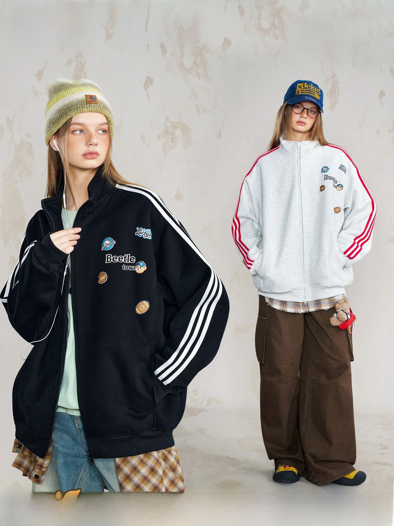 

Beetle Town Fun Print Tee-Stripes Stand Collar Open Cardigan Women's Casual Versatile 2026 Sle Top Street Sle Loose Fit...