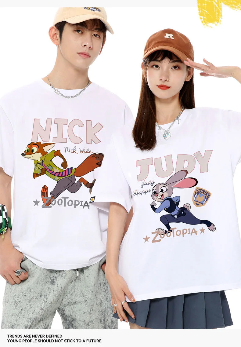 

Футболка с принтом Disney Zootopia, летние футболки Judy Nick для мужчин и женщин, свободные футболки большого размера с коротким рукавом для пары, милые топы