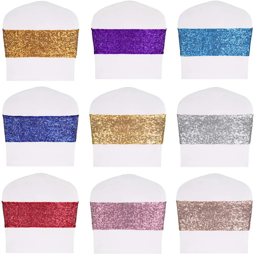 

50pcs Stretch Sequin Chair Sashes Chair Bands One-Sided Sequins Decor for Hotel Wedding Reception Party Event Baby Shower