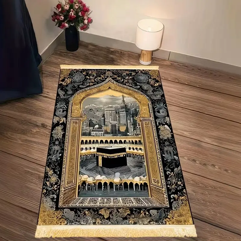 VIKAMA Fringed Black Gold Mecca Kaaba Muslim Prayer Mat Floral Arch Islamic Sajadah Rug For Home Salah Hajj Ramadan Gift