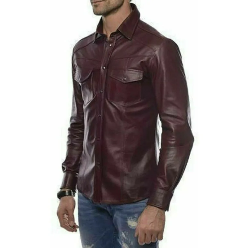 Men\'s Leather Shirt Sheepskin Vine Color Leather Casual Style Shirt  Fashion Trend