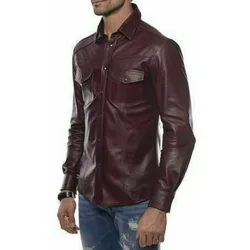 Men's Leather Shirt Sheepskin Vine Color Leather Casual Style Shirt  Fashion Trend