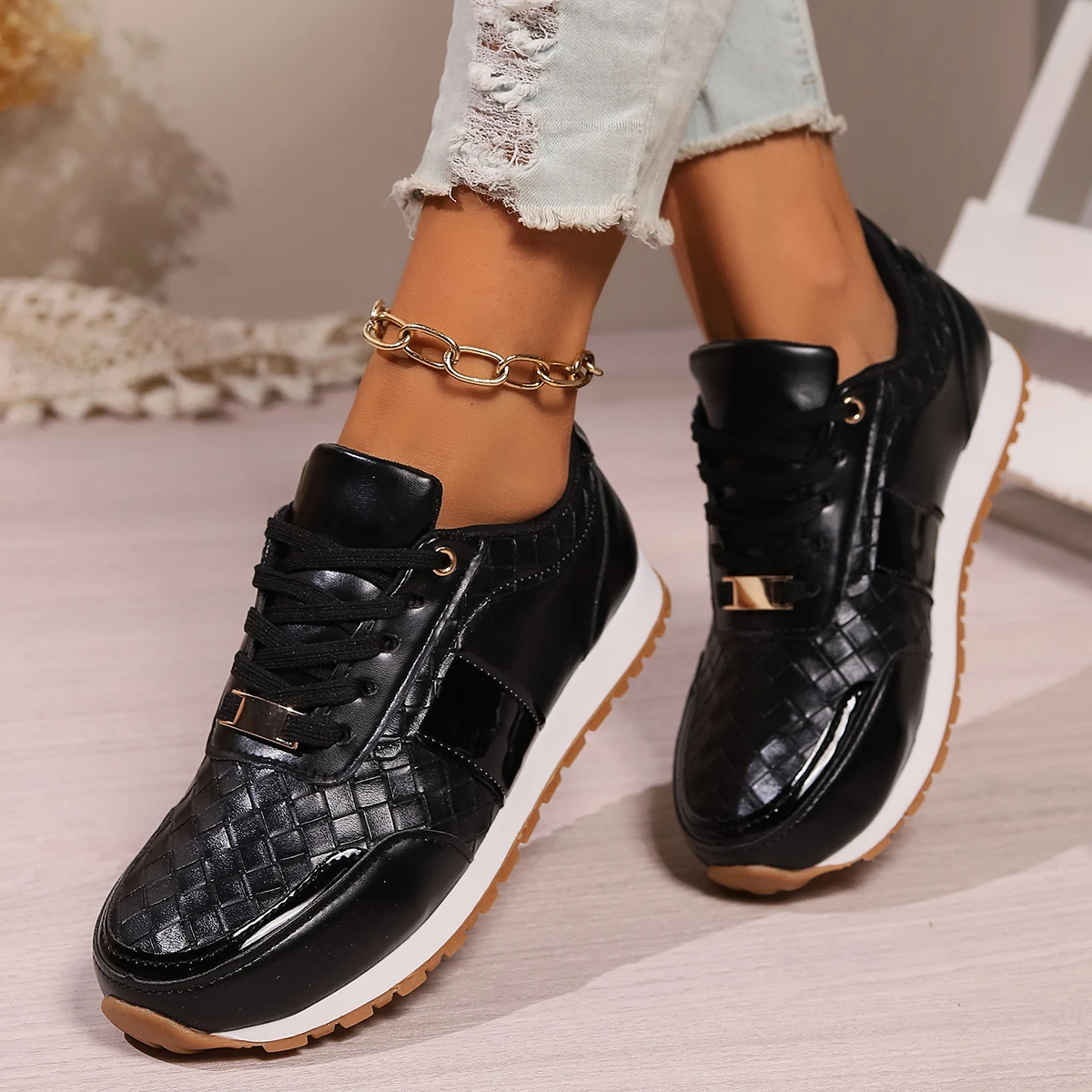 buty damskie trend Moda damska Okrągłe palce Sznurowane damskie buty sportowe Casual Płaskie dno Lekkie damskie buty wulkanizowane