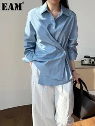 [EAM] Women Blue Irregular Button Pleated Big Size Blouse New Lapel Long Sleeve Shirt Fashion Tide Spring Autumn 2024 1DH7463