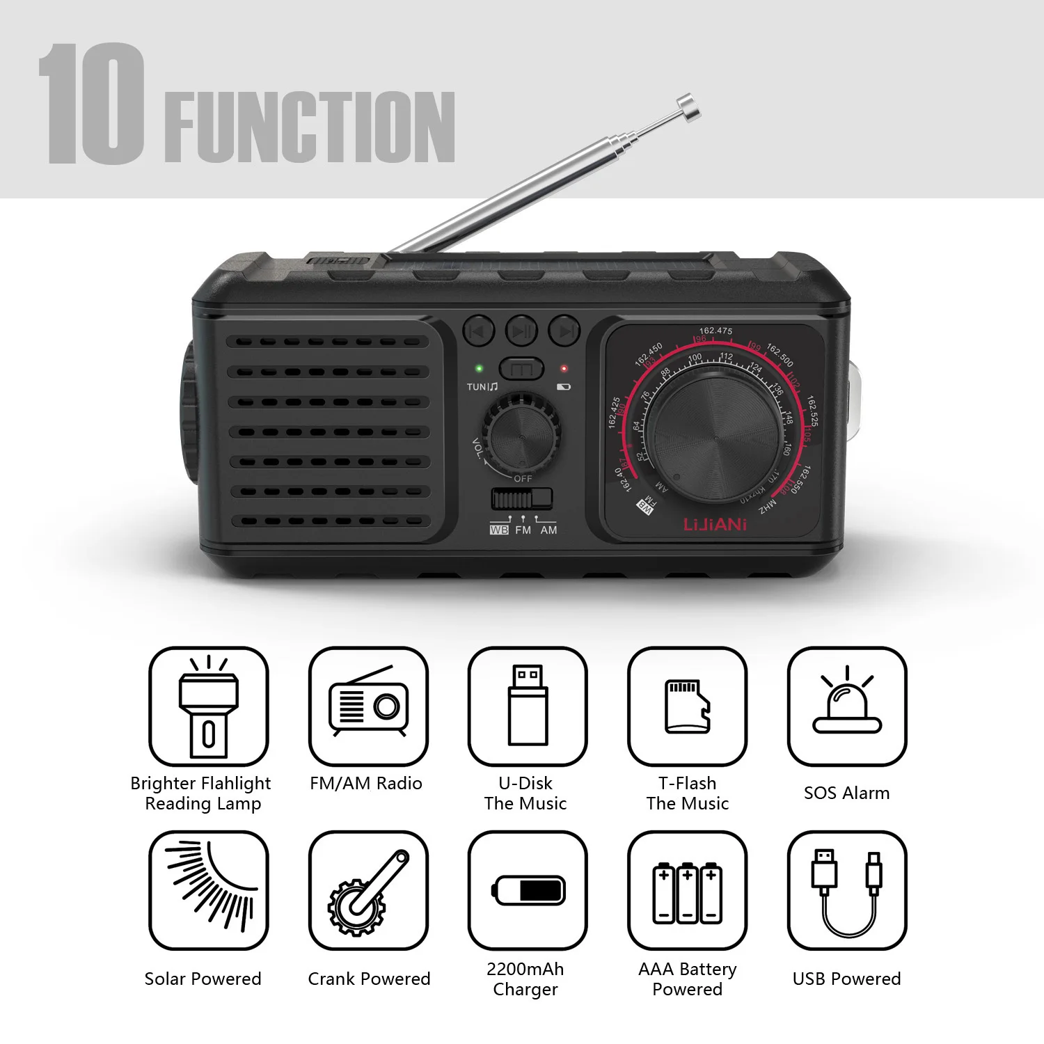 Emergency Radio  Portable AM FM MP3 Player,Solar Hand Crank Operated with 2200MAH Battery,USB Cell Phone