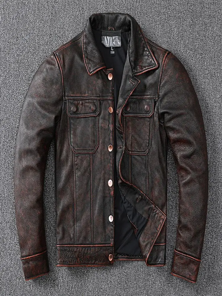 2024 New Vintage Brown Workwear Style Cowboy Genuine Leather Jacket Natural Cowhide Coat Men's Stone Mill Old Clothes