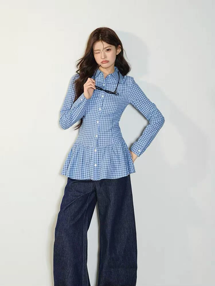 Geruite shirts voor dames herfst chic losse enkele rij knopen met veters Y2K Koreaanse baggy preppy blouse met lange mouwen mujer