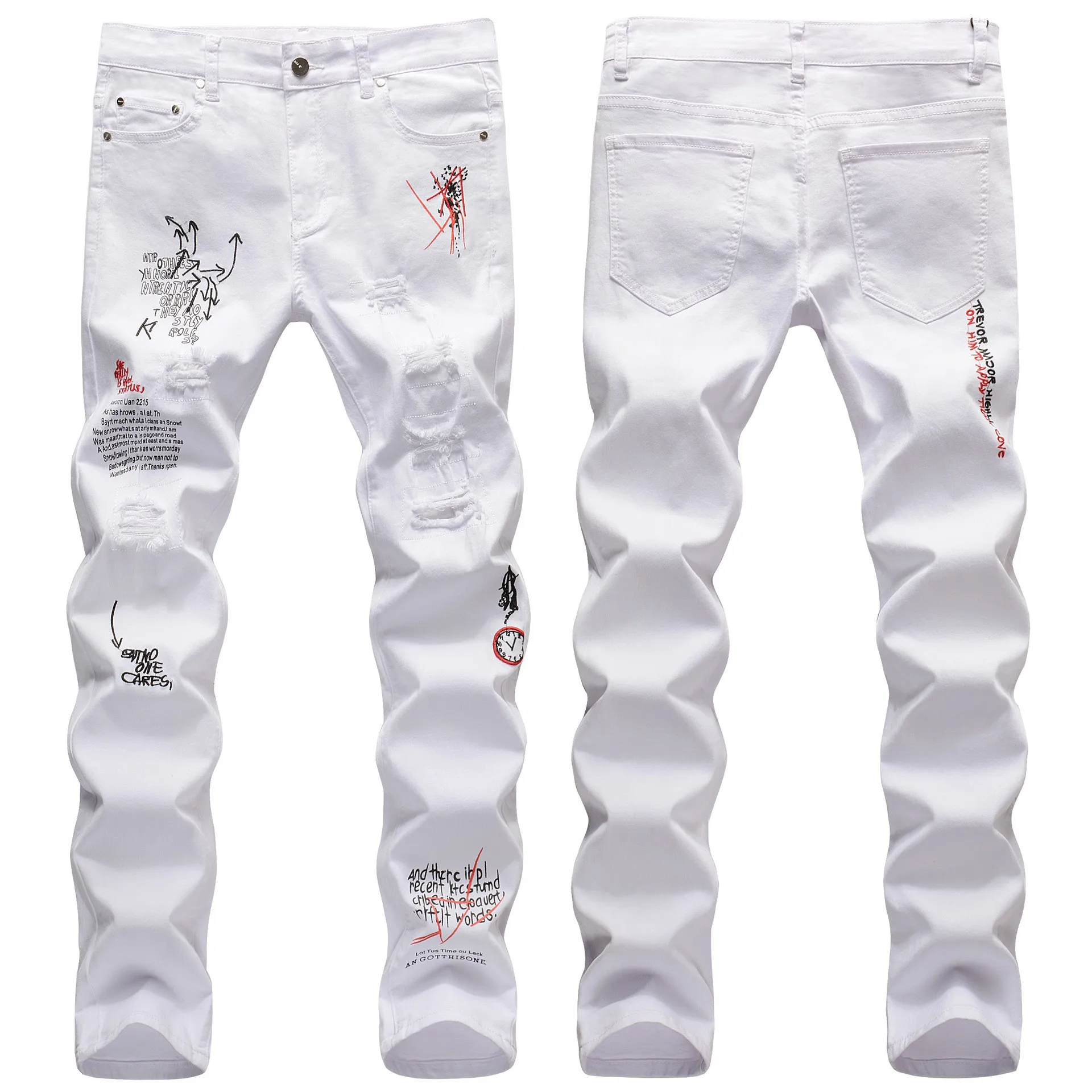 Calça jeans estilo casual masculina, streetwear juvenil de hip-hop masculino, arte nova de grafite, jeans rasgado, moda, branco, 2023