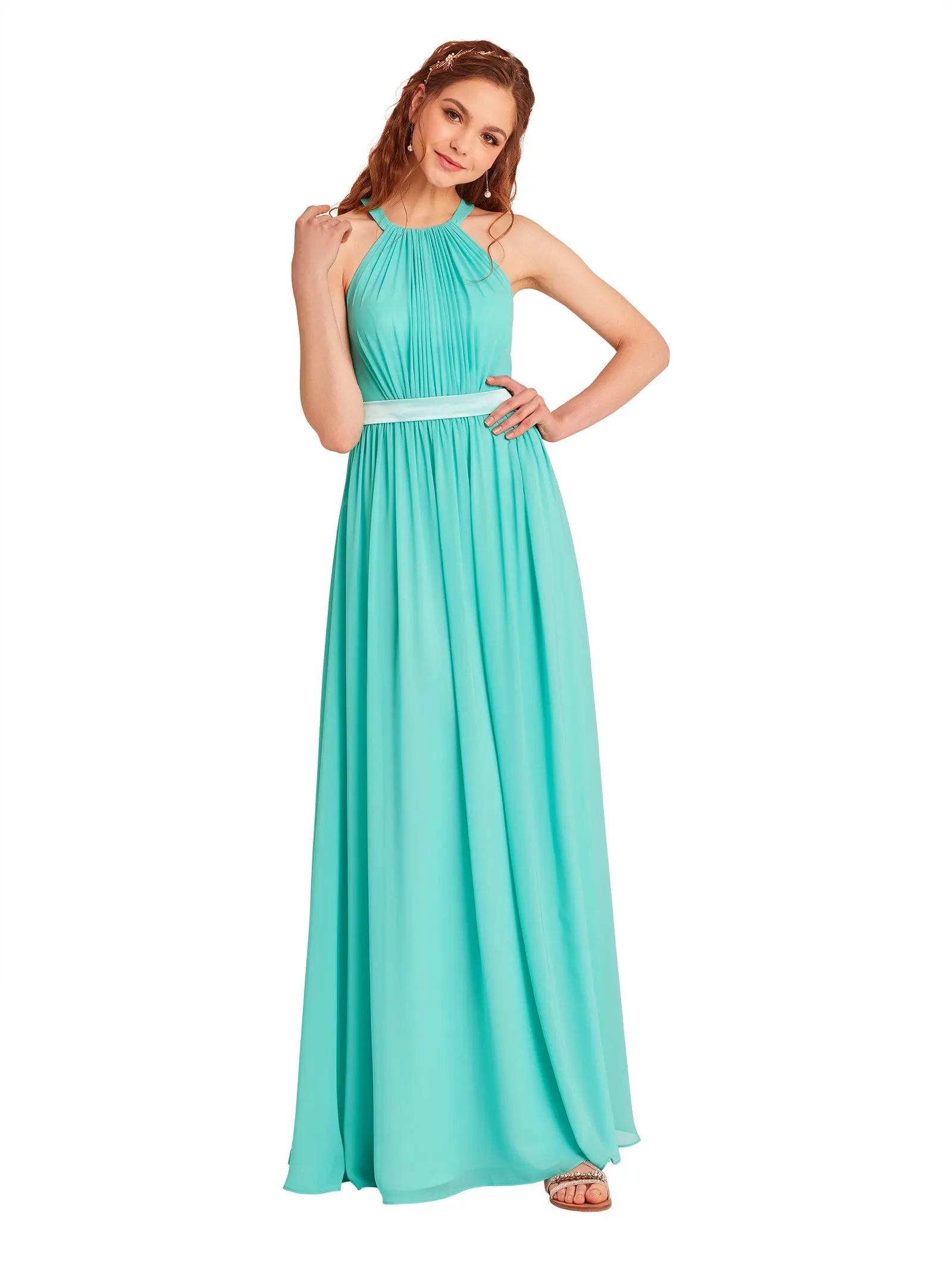 CloverBridal Worthy In Stock Pleated Chiffon High Quality Halter A-line Turquoise Long Floor Length Elegant Bridemaid Gown 1653