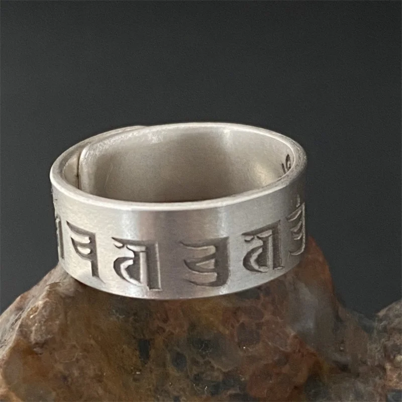 

Blessing Cundi Mantra Ring For Men Finger Accessories Simple Retro Wide Ring Male Jewelry Adjustable