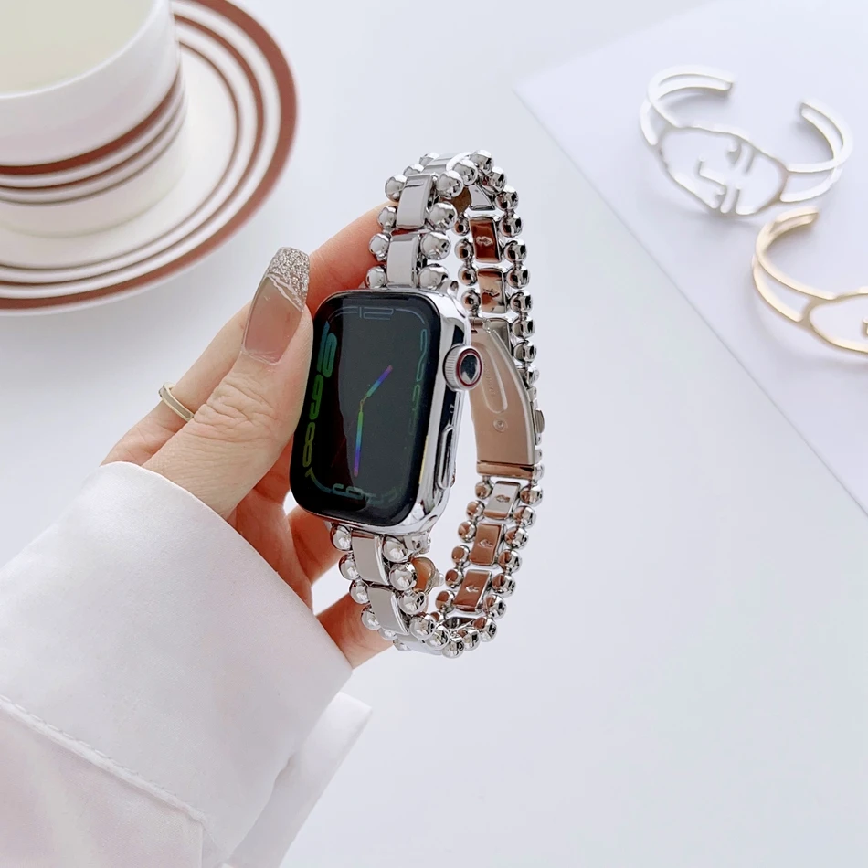 Armband für Apple Watch Band S11/10/9/8/7/SE/6/5/4/Ultra IWatch 3 2 49/46/45/44/42/41/40/38 mm, modisches Metallperlen-Kettenarmband – Detail 6