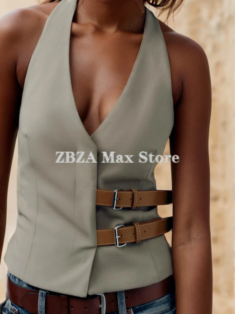 ZBZA Women\'s Belted Halter Vest Pant Suit V Neck Solid Sleeveless Top High Waisted Pocket Zipper Wide Leg Pants Female Chic Set