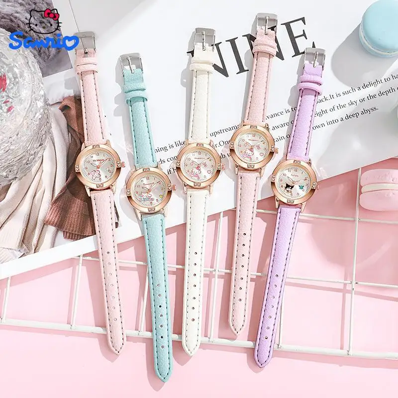 Sanrio Hello Kitty Watches Cinnamoroll Kuromi My Melody Cute Cartoon Rose Gold with Diamond Belt Watch Women's Quartz Watch