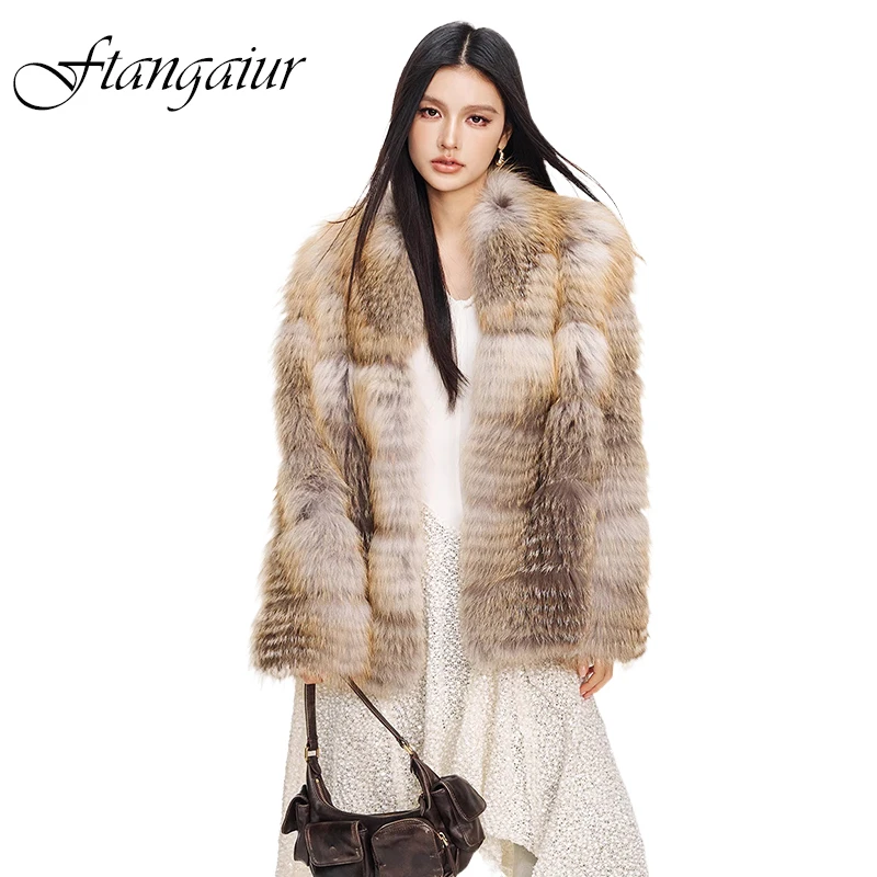 Ftangaiur Women Winter Import Fox Fur Coat V-Neck Long Sleeve Female Fox Coats Loose Causal  Short Natural Fox Fur Coats