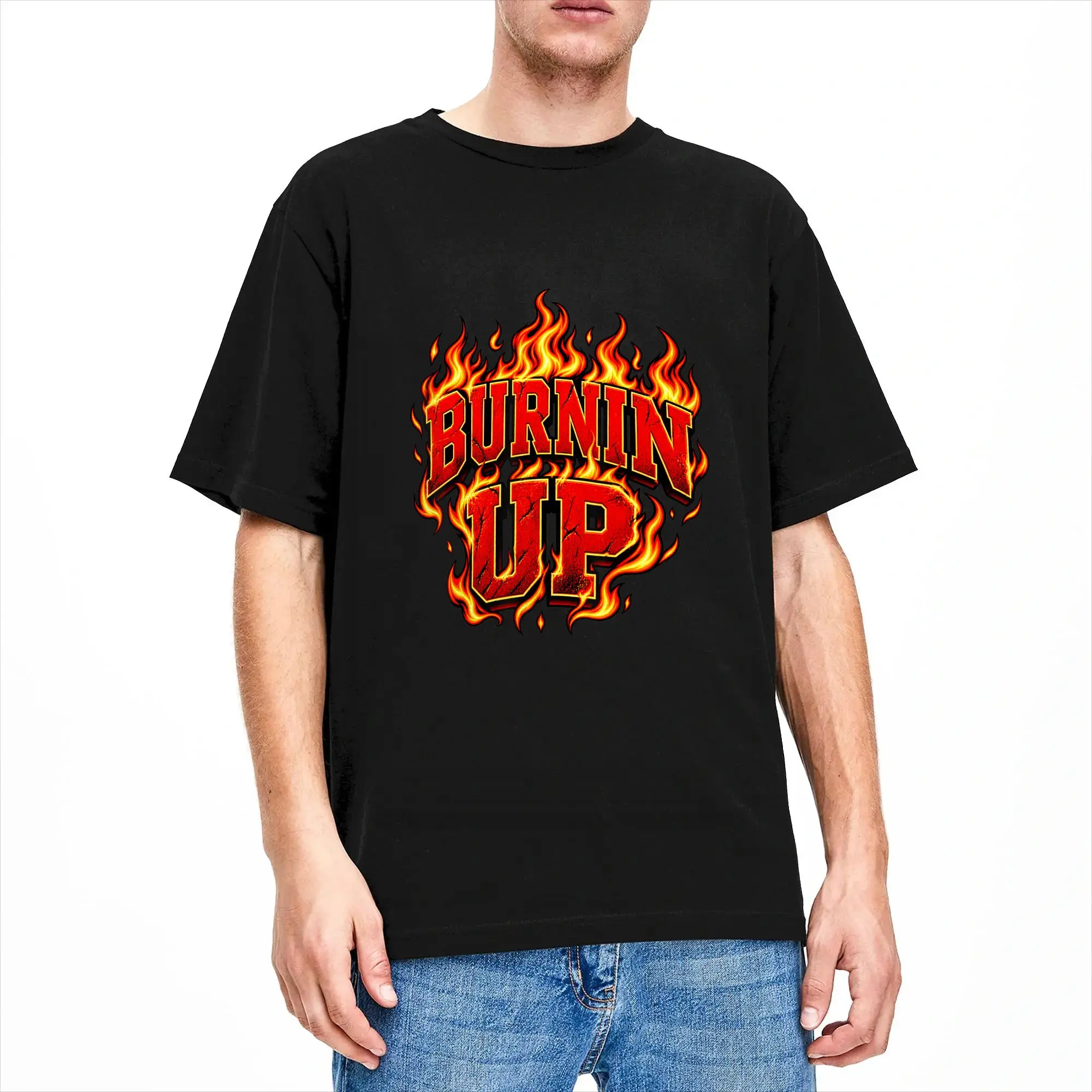 Mens T Shirt Burnin Up Vintage Flames Funny T-Shirts Harajuku  Summer Tees Y2K Funny 100% Cotton Tops Gift Idea