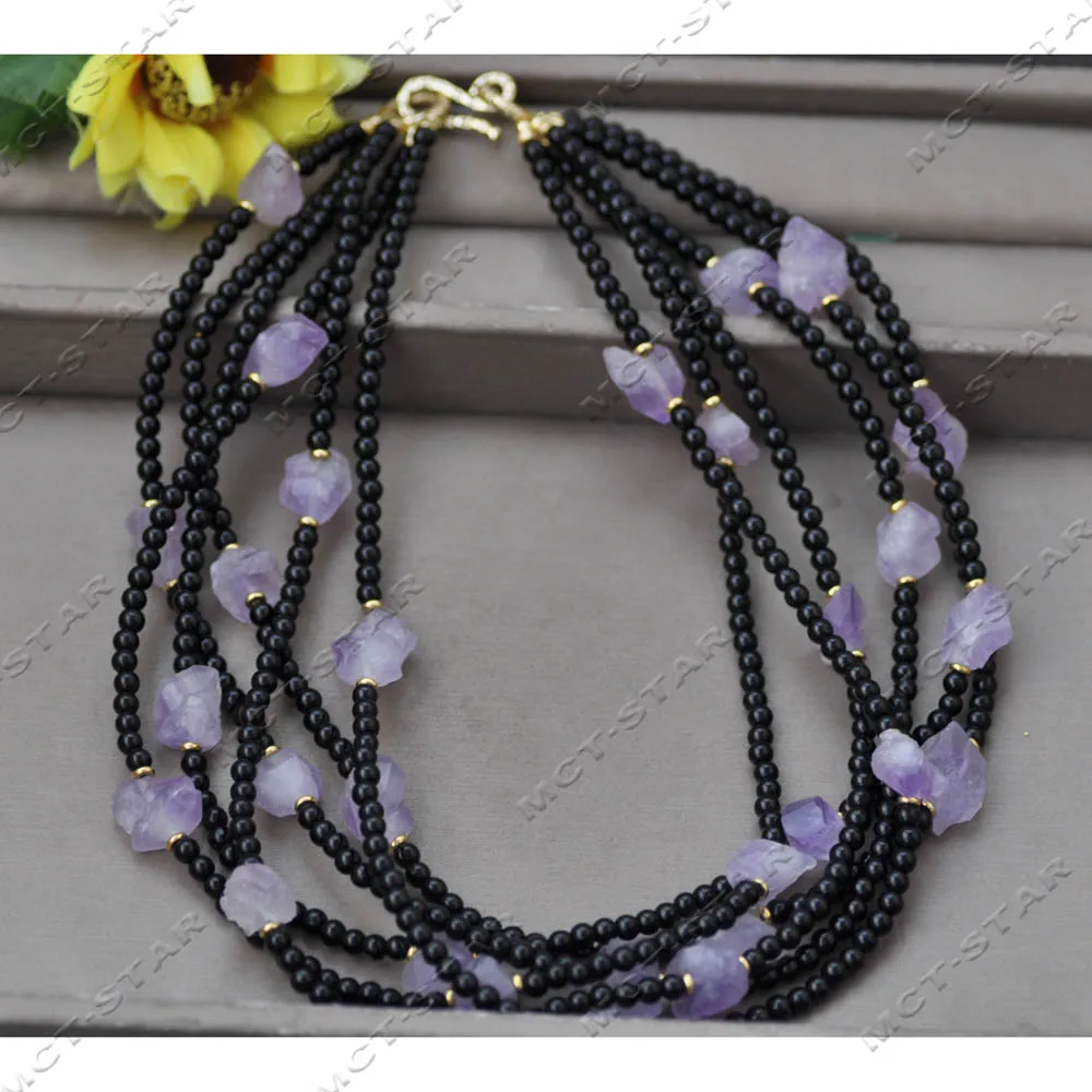 MTC·STAR Custom Jewelry 18-Inch Necklace with 6 Rows of Lavender Amethyst Yellow Crystal Raw Stone Block round Agate Z13954