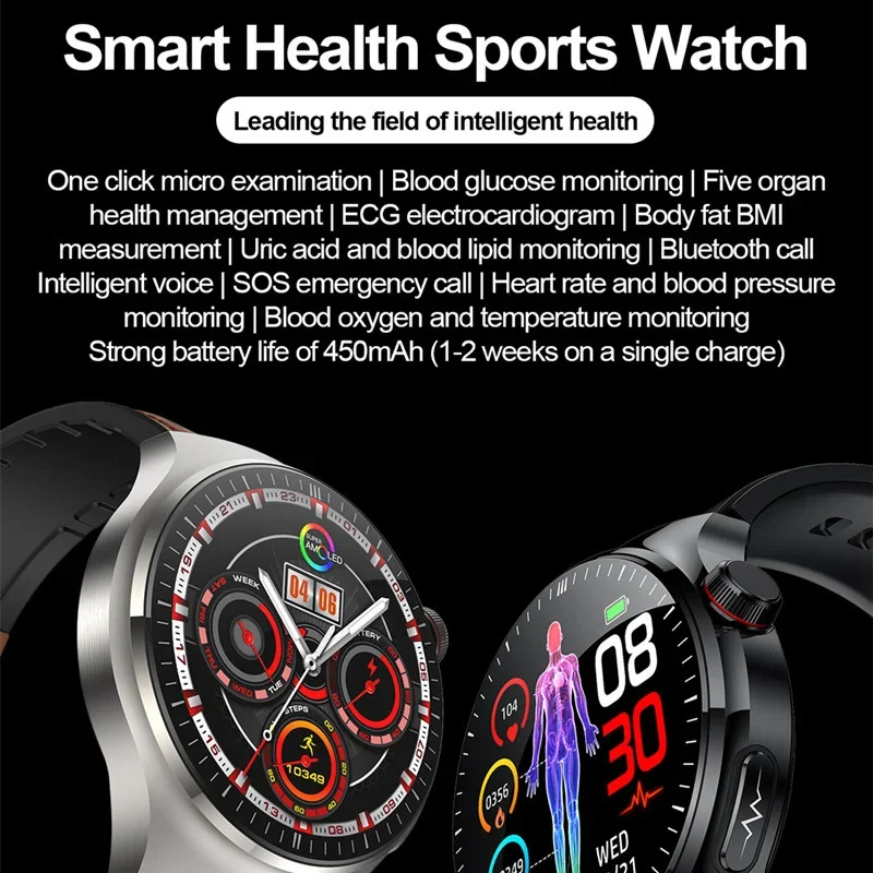 2024 Medical Grade Smart Watch Men AMOLED HD Screen uric acid Body Fat Monitor SmartWatch Bluetooth Call ECG+PPG Health Watches