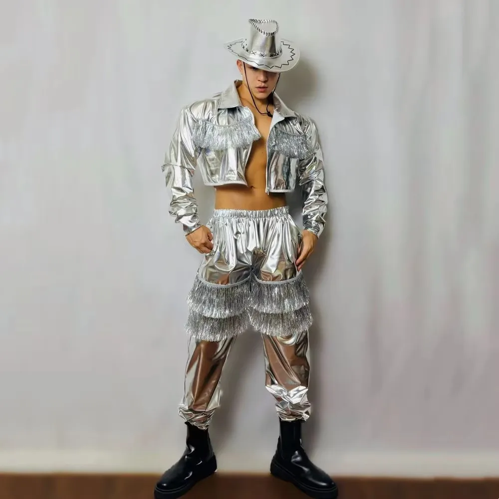 

Male Hip Hop Set Jazz Dance Team Silver Tassel Outfit Singer Dancer Stage Show Western Cowboy Style Performance Costume 2 Pieces