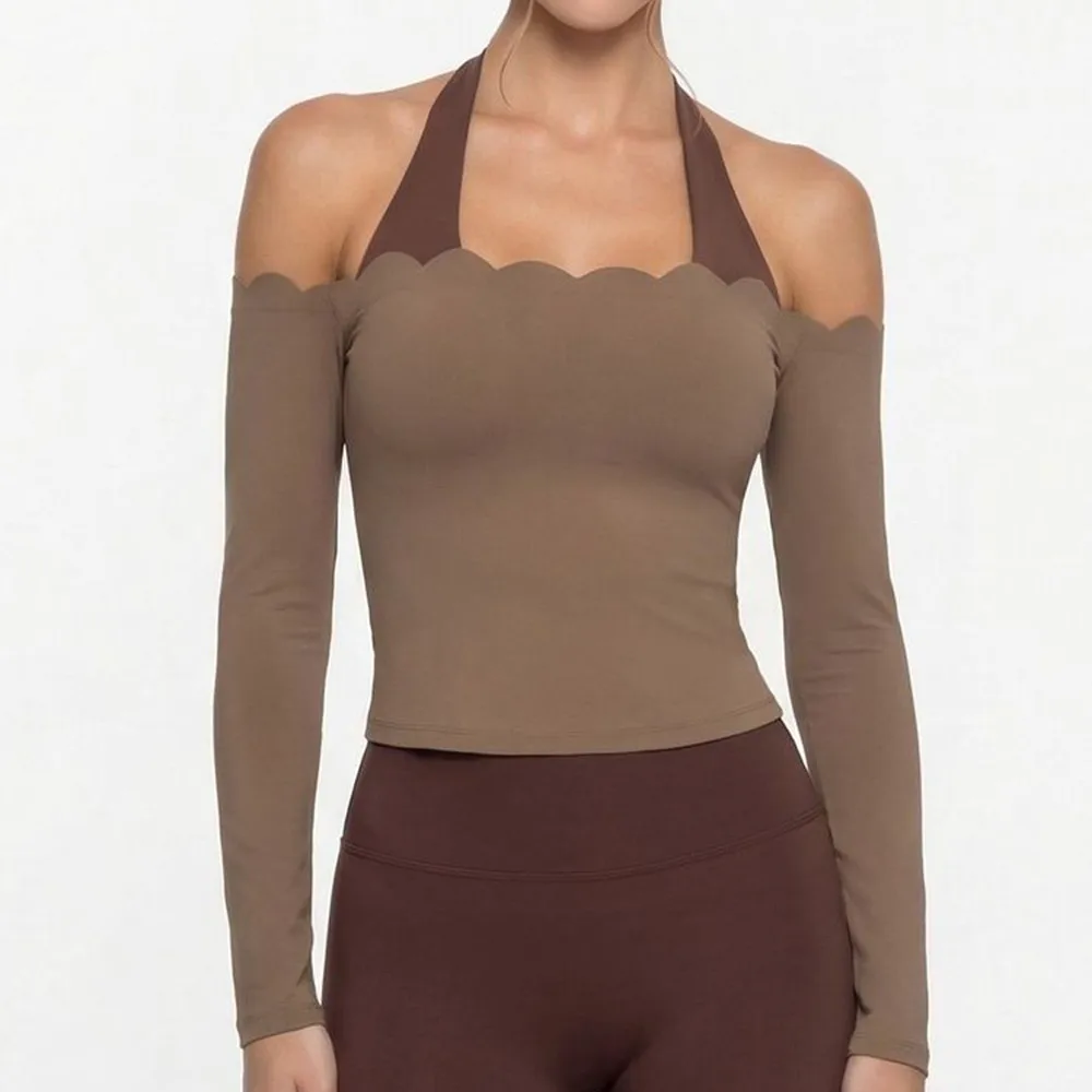 Pad Off Shoulder Women Nude Workout Clothes Halter Neck Long Sleeve Yoga Top Sports Running Gym Woman Fitness Shirt XP188