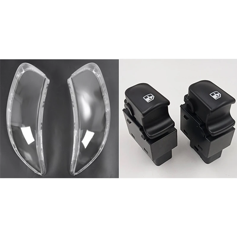 2 Set Car Accessories: 1 Pcs Car Clear Lens Shell Cover Front Headlight Cover & 1 Set Power Window Switch Buttons