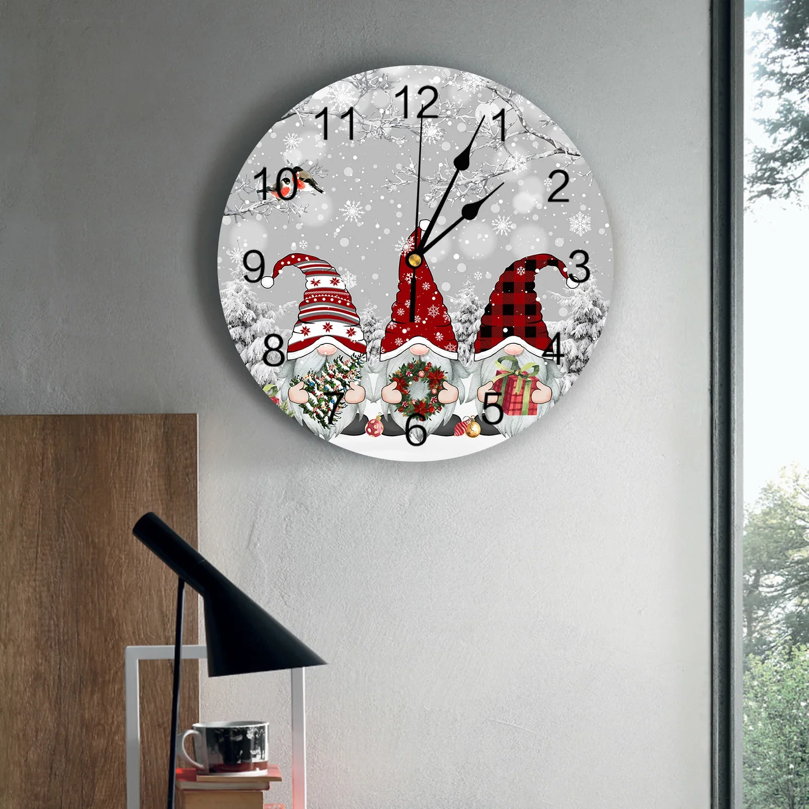 Christmas Snow Scene Snowflakes Gnome Grey Wall Clocks Silent Living Room Decoration Round Clock Home Bedroom Wall Decor Clocks