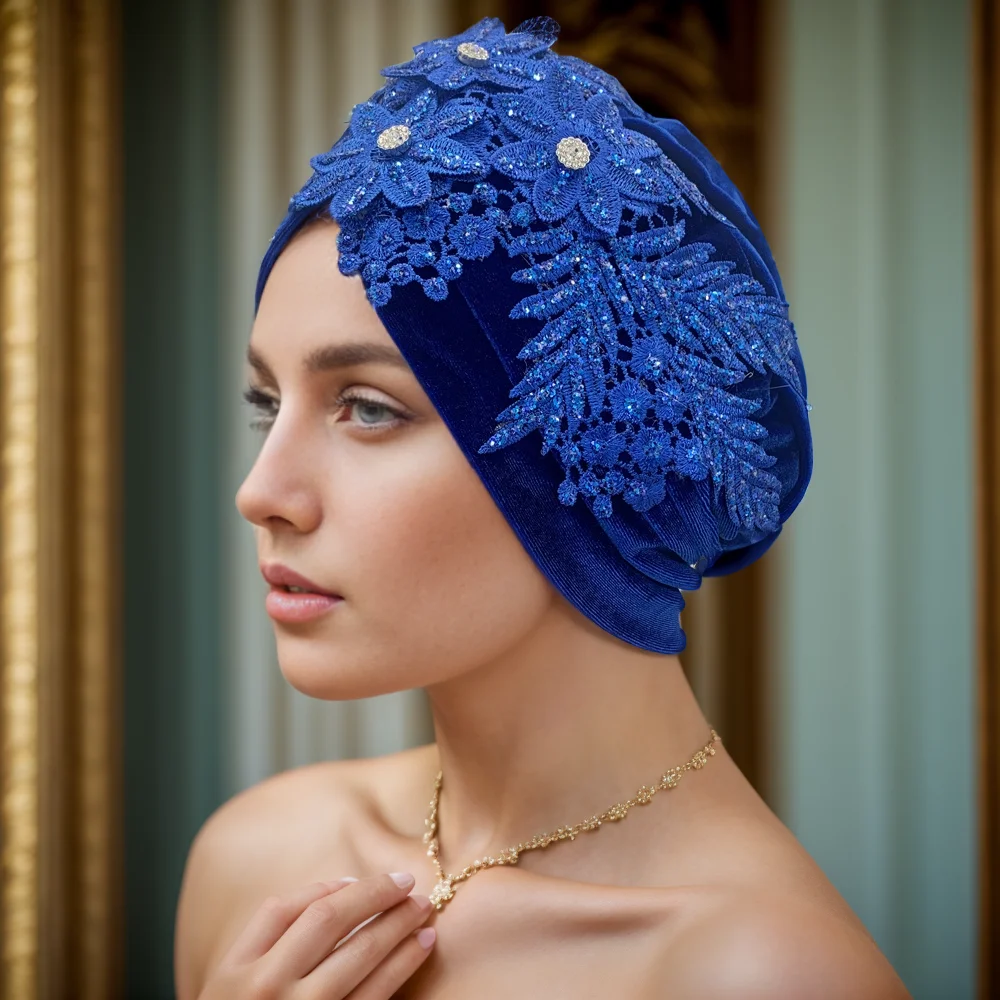 Applique Flower Embroidery Turban Caps for Women Ruffle Velvet Headscarf Bonnet Hat Female Head Wraps Turbante Mujer