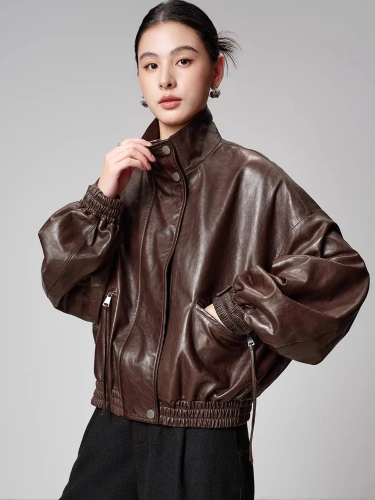 

Casual Short Genuine Leather Jackets for Women Spring Autumn High-end Simple Stand Collar Loose Soft Oil Wax Real Sheepskin Coat