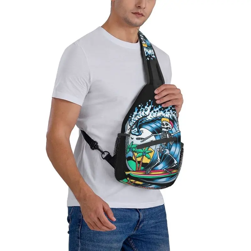 Bolsa de peito crossbody masculina, mochila casual de ombro, surfista, caveira, surf, caminhada, verão