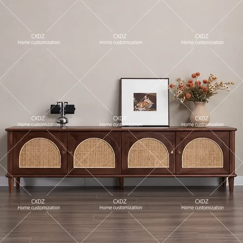Solid Wood TV Cabinet Nordic Rattan Locker Coffee Table Combination Living Room Black Walnut Storage Cabinet