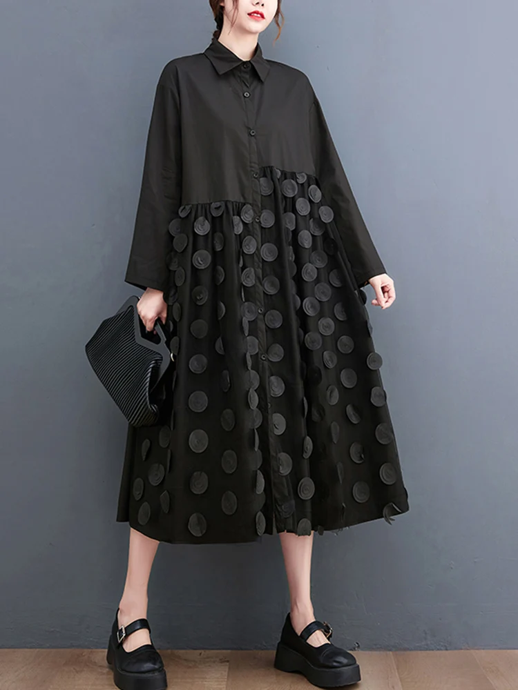 

Polka Dot Mesh Patchwork Shirt Dresses For Women New Loose Casual Long Sleeve Vintage Dress Fashion Clothing Spring Autumn 2023