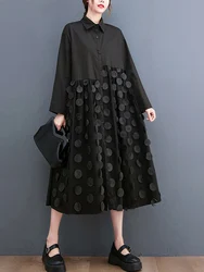 Polka Dot Mesh Patchwork Shirt Dresses For Women New Loose Casual Long Sleeve Vintage Dress Fashion Clothing Spring Autumn 2025