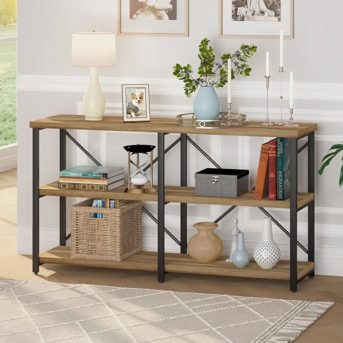 Console Tables for Entryway, Industrial Sofa Table Behind Couch, 3 Tier Hallway Table for Foyer, Horizontal Bookshelf