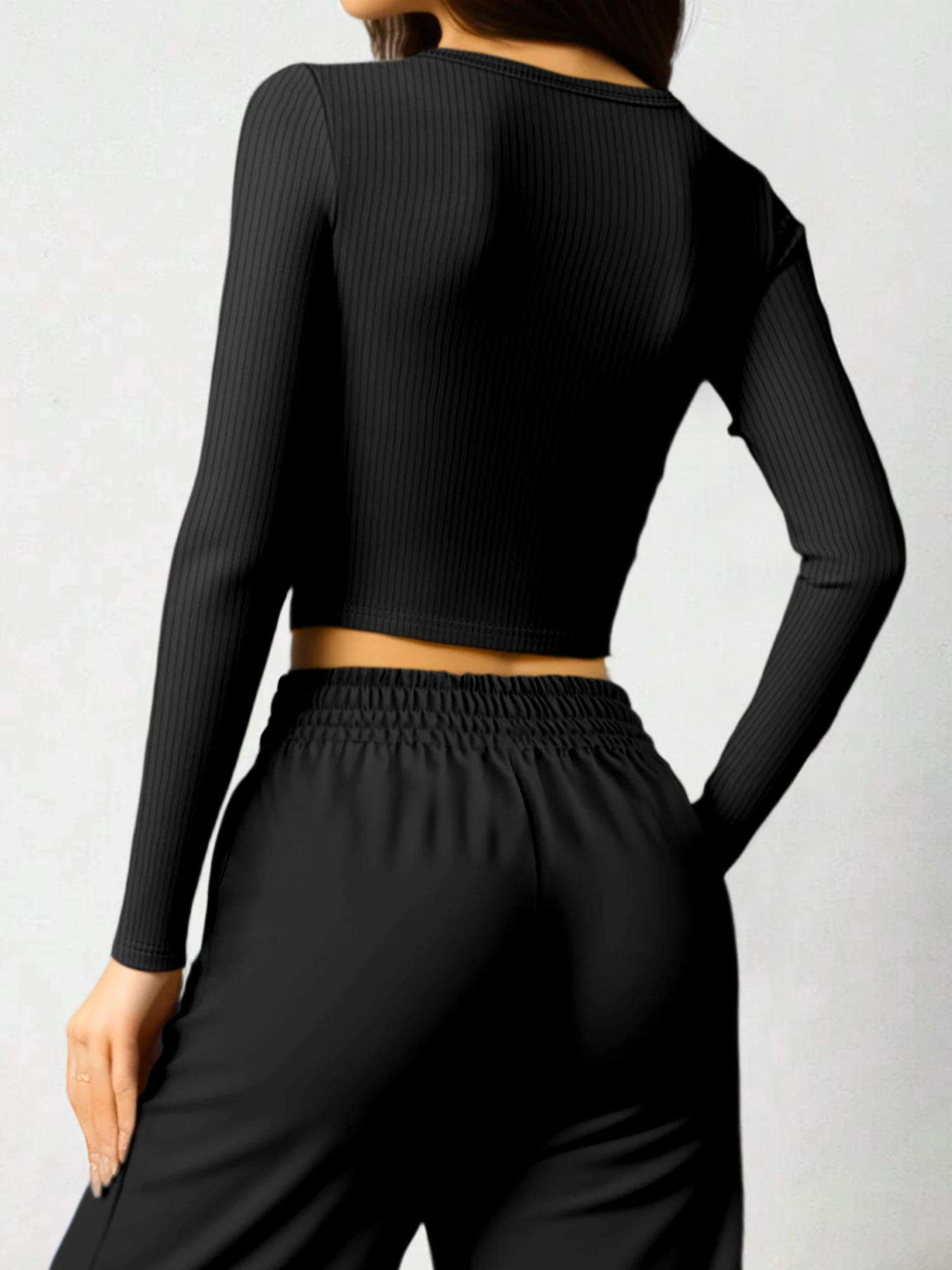 Loose-Fit Ribbed Athletic Tee, Long Sleeve Wide Square Neck Slim Shirt for Fitness Fans Daily Wear