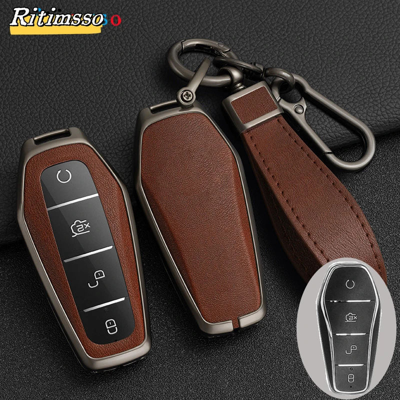 Zinc Alloy+ PU Leather Car Key Case for BYD Atto 3 Han EV Dolphin 4 Buttons Remote Control Protect Cover Auto Accessories