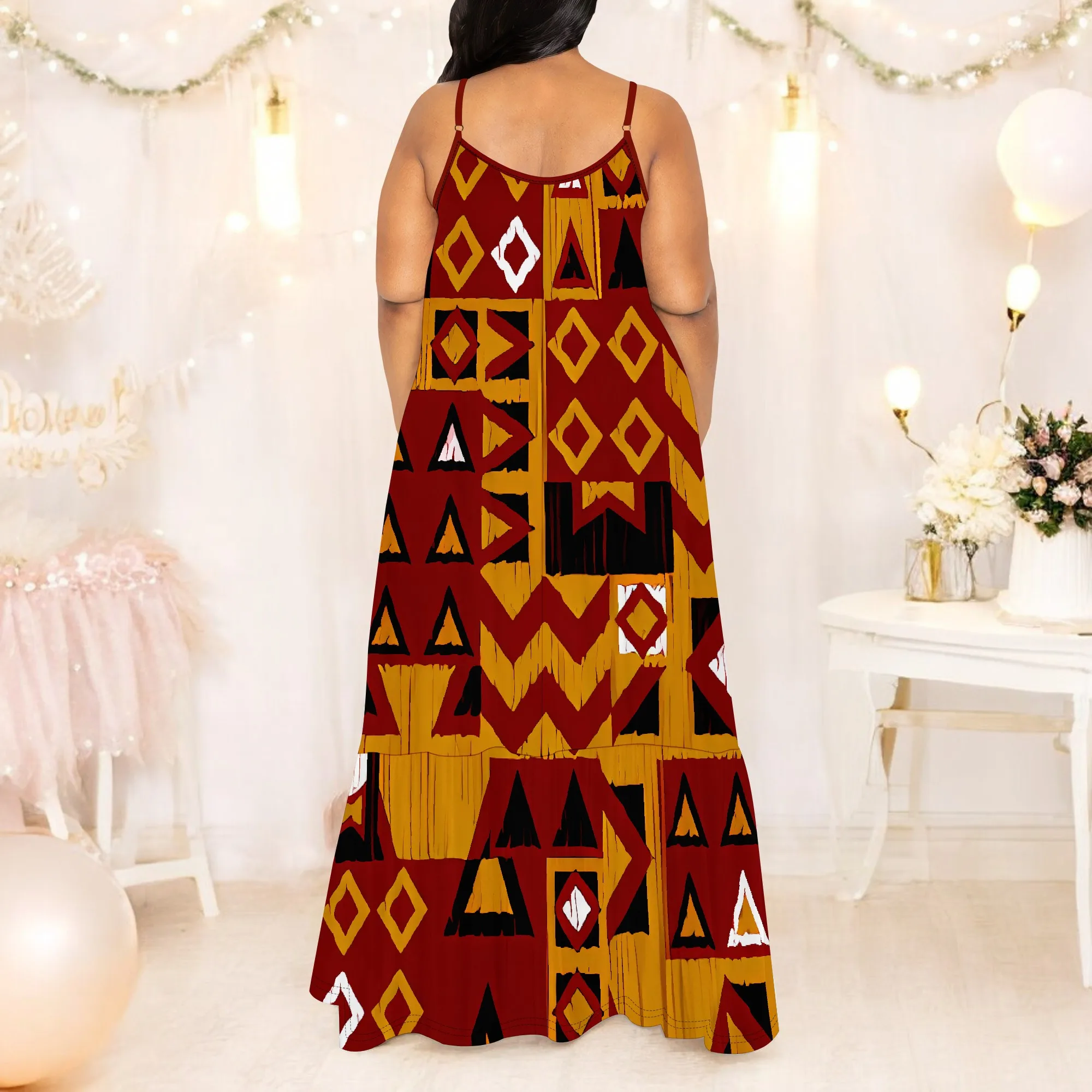 Boho Tribal Print Spaghettiträger Maxikleid Damen Sommer ärmellos Urlaub Strand Sommerkleid