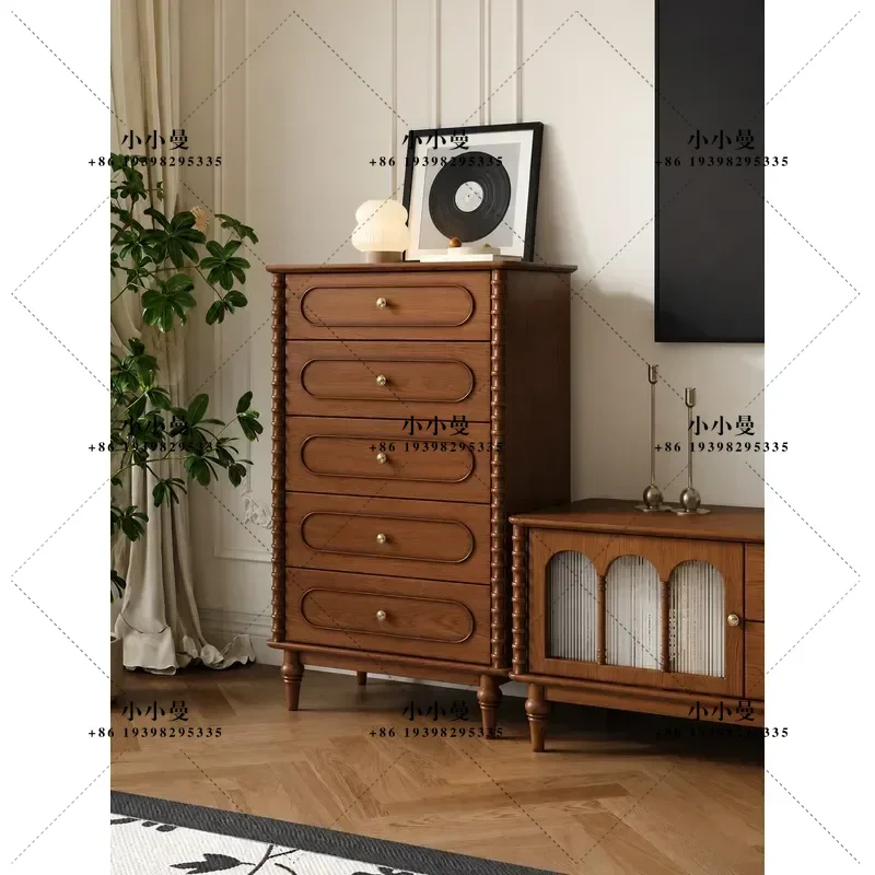 Medieval Style Solid Wood Bucket Cabinet Porch Bedroom Bedside Storage Six Drawer Chest Living Room Wood Color Side Cabinet