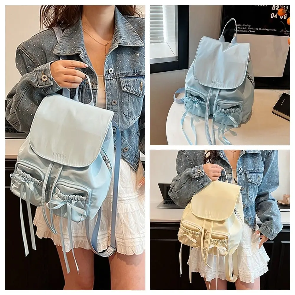 

Повседневный рюкзак на шнурке в корейском стиле с бантом, нейлоновая сумка большой емкости, сумка-ведро, однотонная сумка на плечо с бантом для девочек