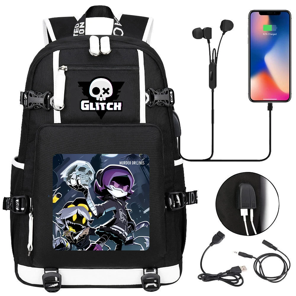New Murder Drones Printed Backpack Student Large Capacity Canvas School Bag Usb Charging Rucksack Uzi N F Schoolbag for Boy Girl