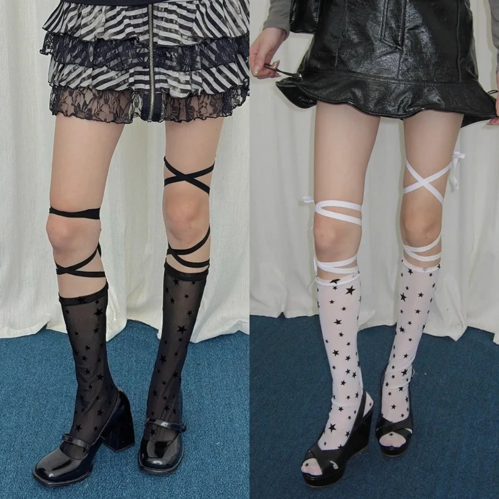 

Тонкие сетчатые чулки со звездами и принтом на ремешке, черно-белые носки до середины икры, женские гольфы JK в японском стиле в стиле Лолиты, женские чулки