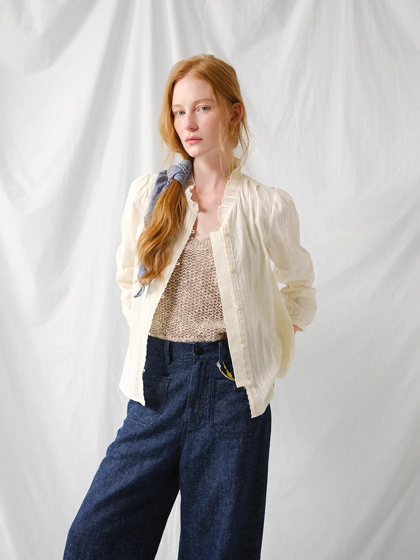 

Slimming Effect Pure Cotton Long Sleeve Embroidered Lace Trim Texture Sensation Spring Summer New Arrival Small Shirt