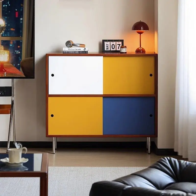 

Medieval color matching dining side cabinet Living room Bauhaus color contrasting sliding door cabinet