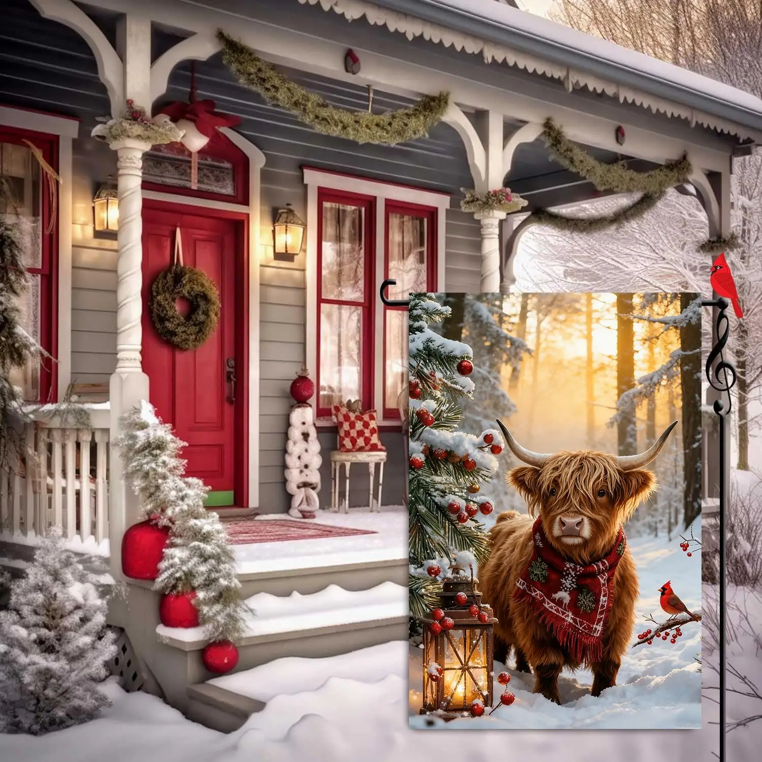 Winter Highland Cow Garden Outdoor Flags 12x18 Double Sided Burlap | Snow Cow Cardinal Design, Christmas Xmas Yard Decoratio llp