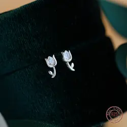925 Sterling Silver Flower Tulip Stud Earrings for Girls Sporty Mini Zircon Plant Earring Lady Engagement Piercing Jewelry Gift