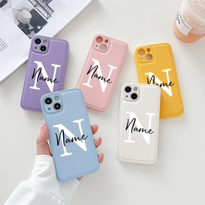 Custom Name Leather Cases For iPhone 16 15 14 13 12 11 Pro X XR XS 16Pro 15Pro 13Pro Max 7 8 Plus 16Plus 15Plus DIY Color Cover