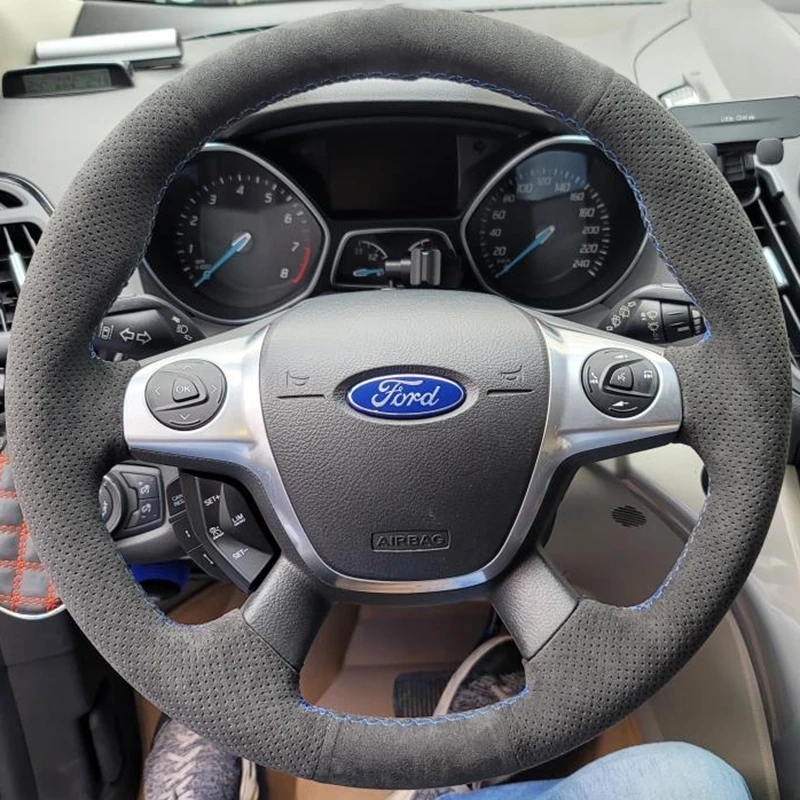 

For Ford Focus 3 2012 - 2014 KUGA Escape 2013 - 2016 DIY Hand-stitched Black Suede Car Steering Wheel Cover