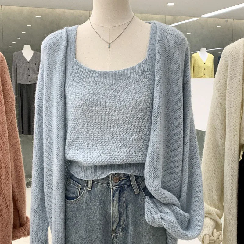 2 Piece Women Sweater Camisole Cardigans Casual Solid Loose Open Stitch Sets Female Spaghetti Strap Vest + Knitted Cardigans