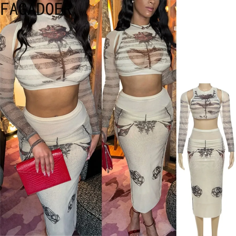 

FAGADOER Sexy Floral Print 2 Pieces Set for Woman Outfit Mesh Long Sleeves Crop Top + Bodycon Skirt Female Streetwear Clothing
