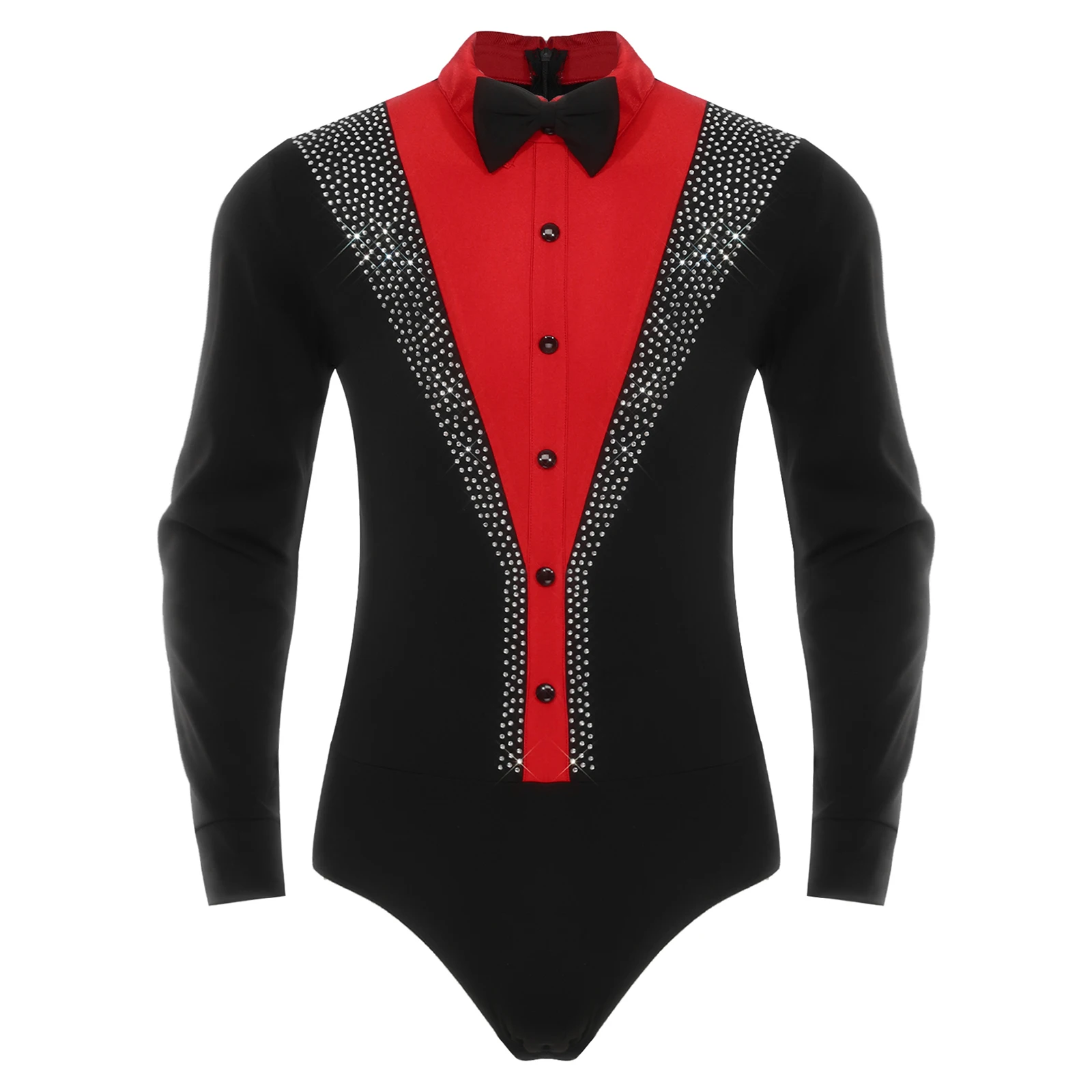 

Mens Figure Skating Latin Dance Bodysuit with Bowtie Shiny Contrast Color Long Sleeve Back Zipper Rumba Salsa Leotard Jumpsuit