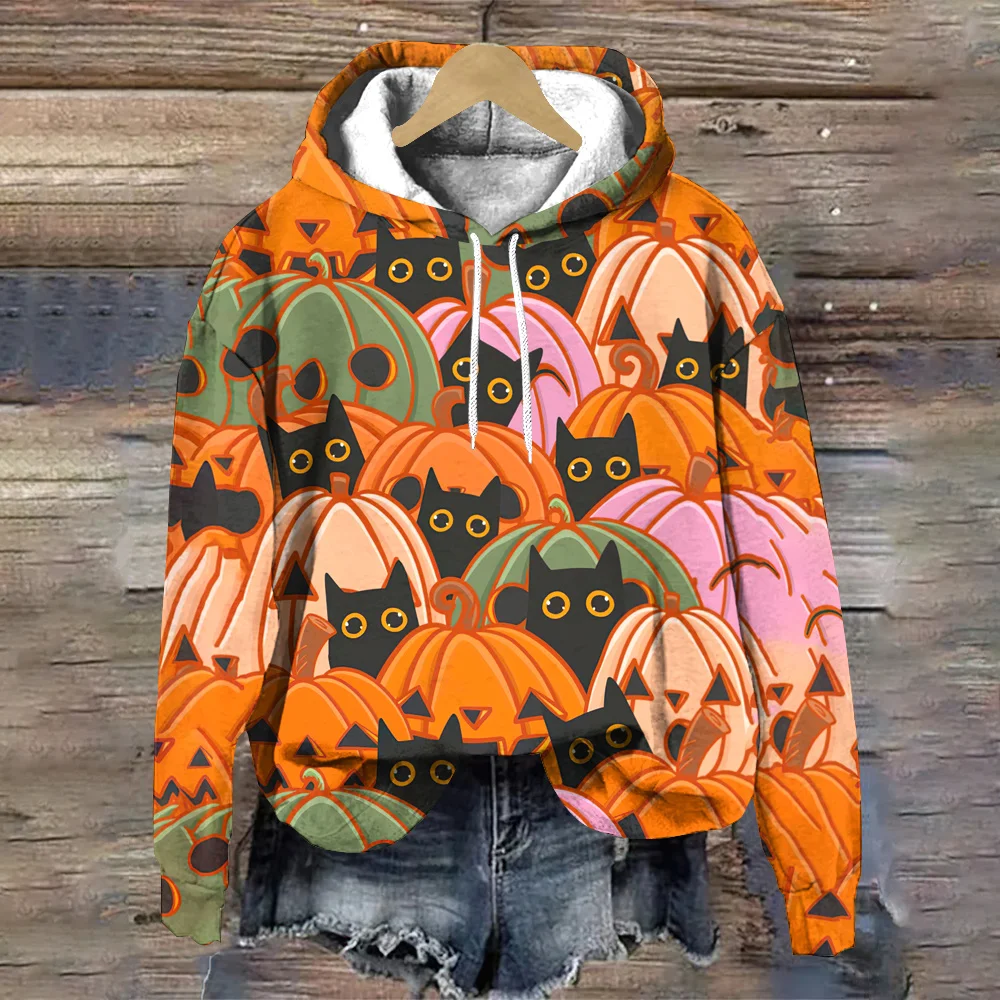 Hoodies estampados de cabeça e fantasmas de abóbora feminino, tops soltos, capuz halloween, pulôver, tendência da moda outono