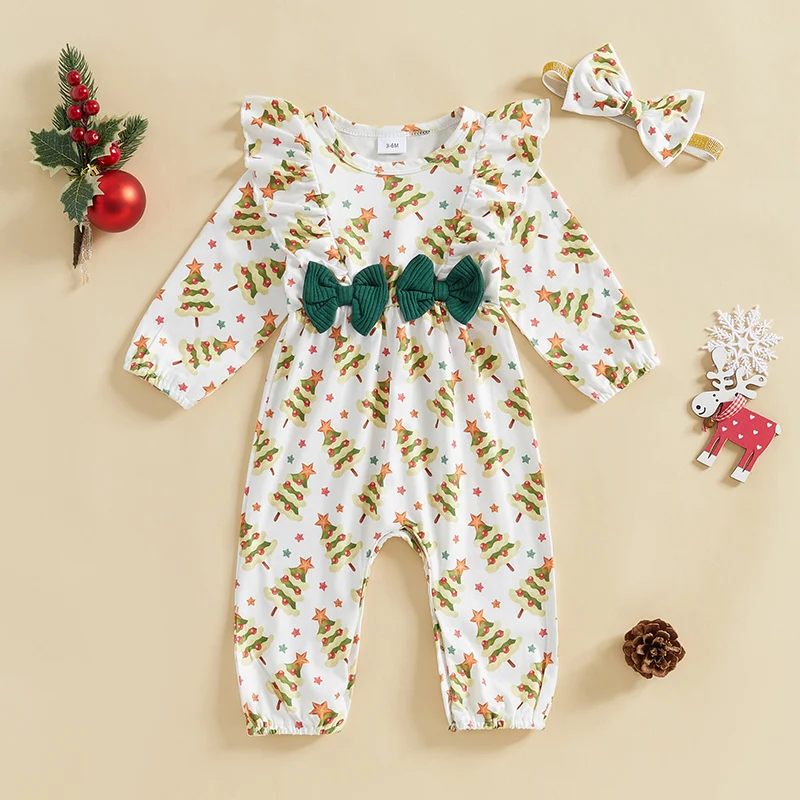 Newborn Baby Girl Christmas Outfit Long Sleeve Ruffle Elk/Xmas Tree Romper Smocked Bodysuit Jumpsuit Headband 0-18M